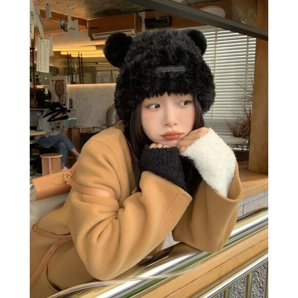 Faux Fur Beanie Hat for Women Cold Weather Cute Fuzzy Bear Ears Trendy Warm main image 5